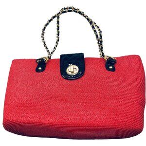 straw red handbag chain handle clasp lock zipper 5 pockets 2 handle 15x9x4" READ